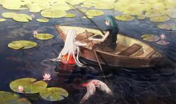  2girls alternate_costume alternate_universe blonde_hair boat couple edelgard_von_hresvelg english_commentary female_byleth_(fire_emblem) fire_emblem fire_emblem:_three_houses fishing_rod green_hair highres holding holding_fishing_rod lily_pad long_hair looking_down mermaid monster_girl multiple_girls nature oastlv on_boat outdoors pond short_sleeves water watercraft wavy_hair yuri 
