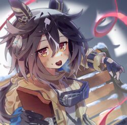  1girl animal_ears black_gloves black_hair brown_eyes brown_hair candy chocolate chocolate_bar coat commentary_request ear_covers feather_hair_ornament feathers fingerless_gloves food gloves goggles goggles_around_neck hair_between_eyes hair_ornament highres horse_ears horse_girl long_hair mouth_hold multicolored_hair on_bench outstretched_arm picklehaterx_x reaching reaching_towards_viewer red_ribbon ribbon shirt sitting snow solo stay_gold_(sunlit_outsider)_(umamusume) stay_gold_(umamusume) umamusume white_hair white_shirt yellow_coat 