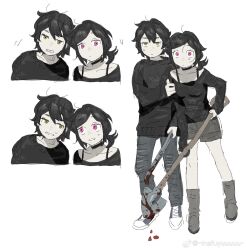  1boy 1girl andrew_graves ankle_boots ashley_graves black_choker black_hair black_shirt black_sweater blood blood_drip blood_on_shovel blood_on_weapon boots bra_strap brother_and_sister chinese_commentary choker clenched_teeth collarbone commentary_request crowbar denim dot_nose double-parted_bangs green_eyes grey_boots grey_shorts hair_between_eyes hand_on_another's_arm highres holding holding_crowbar holding_shovel jeans jitome long_sleeves looking_ahead looking_at_another looking_to_the_side loose_hair_strand low_ponytail ma_fu multiple_views nervous nervous_sweating pants parted_hair parted_lips pink_eyes ponytail shirt shoes short_hair short_ponytail shorts shovel siblings side_ponytail sidelocks simple_background sleeves_past_wrists sneakers sweat sweatdrop sweater teeth the_coffin_of_andy_and_leyley thick_eyebrows torn_clothes torn_jeans torn_pants watermark weapon weibo_watermark white_background wide-eyed 