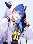  1girl ;d absurdres akabino animal_hood belt black_choker blue_eyes blue_hair choker hands_up highres hololive hood hood_up hoshimachi_suisei jacket looking_at_viewer neckerchief one_eye_closed sailor_collar smile solo teeth tongue tongue_out upper_body upper_teeth_only virtual_youtuber white_jacket yellow_neckerchief 