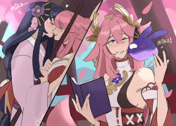  2girls animal_ears back_bow bare_shoulders blunt_bangs blurry blush book bow closed_eyes clouvu commentary couple depth_of_field detached_sleeves english_text fan_hair_ornament fox_ears fox_girl from_side genshin_impact hair_between_eyes hair_ornament headpiece highres holding holding_book incoming_kiss japanese_clothes kimono kiss long_sleeves looking_down looking_to_the_side makoto_(genshin_impact) multicolored_hair multiple_girls nontraditional_miko one_eye_closed open_book outdoors pink_hair purple_hair purple_kimono seelie_(genshin_impact) shade streaked_hair violet_eyes wide_sleeves yae_miko yuri 
