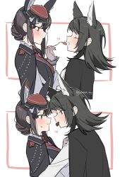  2girls animal_ears bang_dream! bang_dream!_it's_mygo!!!!! black_hair black_jacket blue_eyes blush brown_hair candy chocolate closed_mouth commentary_request feeding food fork fruit hair_bun hair_up hat heart heart-shaped_chocolate heart-shaped_food highres holding holding_fork jacket jacket_on_shoulders lehcar mouth_hold multiple_girls rabbit_ears red_nails shiina_taki shirt strawberry violet_eyes white_shirt wolf_ears yahata_umiri yuri 