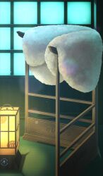  after_time_valentine_2026 clothes_focus commentary_request fate/grand_order fate_(series) fur_shawl lamp light_particles no_humans official_art shawl shouji sliding_doors still_life third-party_source unworn_shawl white_shawl xxxxay 