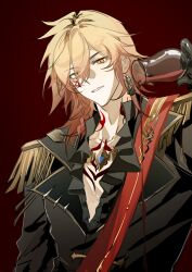  1boy absurdres alternate_costume black_jacket black_shirt blonde_hair braid chest_tattoo chinese_commentary commentary_request cup earrings epaulettes facial_tattoo frilled_shirt frills gold_earrings gold_necklace gradient_hair highres holding holding_cup honkai:_star_rail honkai_(series) jacket jewelry male_focus medium_hair multicolored_hair mydei_(honkai:_star_rail) neck_tattoo necklace pouring red_hair red_tattoo shirt side_braid solo tattoo uu96621667 yellow_eyes 