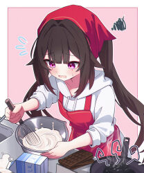  1girl apron baking brown_hair chocolate commentary_request frying_pan hairband highres honkai:_star_rail honkai_(series) hood hoodie long_hair milk red_apron red_hairband sasanekomaru solo sparkle_(honkai:_star_rail) twintails violet_eyes white_hoodie 