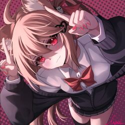  1girl absurdres ahoge animal_ears black_cardigan black_skirt black_thighhighs bow bowtie broken_heart broken_heart_hair_ornament brown_hair cardigan cat_ears closed_mouth collared_shirt commentary cowboy_shot dress_shirt evil_neuro-sama hair_between_eyes hair_ribbon heart highres long_hair long_sleeves looking_at_viewer miniskirt nail_polish pink_nails pleated_skirt polka_dot polka_dot_background red_bow red_bowtie red_ribbon ribbon ruciel shirt single_thighhigh skirt solo thigh-highs two_side_up vedal_ai white_shirt 