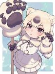  1girl :&lt; ananna0031 animal_ears bear_ears bear_girl bear_paw_hammer black_eyes black_gloves black_hair blush coat cowboy_shot fur_trim gloves hair_between_eyes highres kemono_friends long_sleeves looking_at_viewer multicolored_hair pantyhose pleated_skirt polar_bear_(kemono_friends) short_hair sidelocks skirt solo two-tone_gloves two-tone_hair white_fur white_gloves white_hair white_pantyhose white_skirt winter_clothes winter_coat 