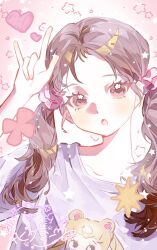  1girl :o \m/ animification bishoujo_senshi_sailor_moon blush brown_eyes brown_hair collarbone heart highres k-pop long_hair looking_at_viewer open_mouth pink_scrunchie portrait print_shirt purple_shirt real_life sailor_moon sana_(twice) scrunchie shirt solo star_(symbol) t-shirt teriri twice_(group) twintails 