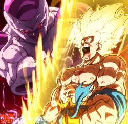  2girls abs artist_collaboration aura blood blood_from_mouth clenched_hand colored_skin dragon_ball dragon_ball_z frieza full_power_frieza highres mralexy2 multiple_girls muscular muscular_male nickelespektro open_mouth powering_up red_eyes screaming son_goku spiky_hair super_saiyan super_saiyan_1 topless_male white_skin 
