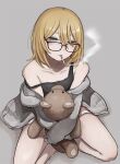  1girl black_tank_top blonde_hair blue_eyes cigarette collarbone glasses grey_background grey_jacket hair_between_eyes highres jacket jacket_partially_removed off_shoulder open_clothes open_jacket original short_hair shorts simple_background sitting smoke solo stuffed_animal stuffed_toy tabao tank_top teddy_bear 