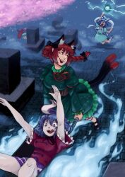  4girls absurdres angry animal_ear_fluff animal_ears blue_dress blue_eyes blue_hair bow braid breasts brown_corset cat_ears cat_tail commentary corset dress english_commentary extra_ears graveyard green_dress hagoromo hair_bow hair_ornament hair_rings hair_stick hat heterochromia highres jiangshi kaenbyou_rin kaku_seiga karakasa_obake long_hair long_sleeves medium_breasts miyako_yoshika multiple_girls multiple_tails neck_ribbon nekomata ofuda open_clothes open_mouth open_vest outstretched_arms powering_up pujol_art purple_hat purple_skirt purple_umbrella red_eyes red_hair red_ribbon red_shirt ribbon sharp_teeth shawl shirt short_sleeves skirt smile tail tatara_kogasa teeth tombstone touhou twin_braids two_tails umbrella vest wheelbarrow white_vest zombie_pose 