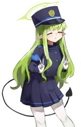  1girl :< =_= armband black_tail blue_archive blue_armband blue_hat buttons closed_eyes closed_mouth cowboy_shot demon_tail double-breasted flat_chest gloves green_hair green_halo halo hat highres hikari_(blue_archive) jacket kepi long_hair long_sleeves military_hat pantyhose pleated_skirt pointy_ears school_uniform shoulder_boards skirt solo tail user_ngnd2285 v wavy_hair white_gloves white_pantyhose 