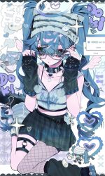  1girl :o adjusting_eyewear aqua_eyes arm_warmers artist_name asymmetrical_legwear black_arm_warmers black_skirt blue_hair chinese_commentary choker commentary_request crop_top error_message gingham_clothes gingham_skirt glasses hair_ornament hairclip hat hatsune_miku heart highres leg_warmers long_hair mismatched_legwear o-ring safety_pin single_leg_pantyhose skirt solo spiked_choker spikes striped_hat taowu_(20809) thigh_strap twintails vocaloid white_hat 