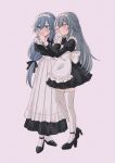  2girls :t absurdres alternate_costume apron black_dress black_footwear blue_eyes blush closed_mouth commentary_request dress enmaided frilled_apron frilled_dress frills fu_hua fu_hua_(herrscher_of_sentience) grey_hair hair_between_eyes high_heels highres hkhkfff0 honkai_(series) honkai_impact_3rd juliet_sleeves long_hair long_sleeves maid maid_apron maid_headdress multiple_girls pantyhose parted_lips pink_background pleated_dress puffy_sleeves red_eyes shoes simple_background sweat thigh-highs v-shaped_eyebrows very_long_hair white_apron white_pantyhose white_thighhighs 