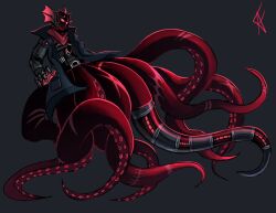  1boy black_coat character_request chest_belt coat fake_alex fins floating full_body head_fins highres male_focus mechanical_tentacles monster_boy open_clothes open_coat popped_collar pressure_(roblox) red_scarf red_theme scarf solo sunglasses tentacles webbed_hands 