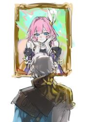  1boy 1girl absurdres black_coat chinese_commentary coat commentary_request cyrene_(honkai:_star_rail) cyrene_(philia093)_(honkai:_star_rail) hair_ornament highres honkai:_star_rail honkai_(series) painting_(object) phainon_(honkai:_star_rail) pink_hair purple_coat short_hair smile thanks-ran white_hair 