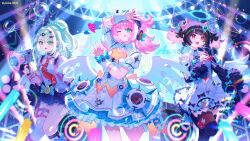  3girls ;p absurdres angels_of_delusion aqua_streaks aria_(zenless_zone_zero) arm_warmers bandaid bandaid_hair_ornament black_choker black_hair black_skirt black_thighhighs blue_eyes bow bubble chinese_commentary choker collared_shirt colored_inner_hair commentary_request dress earrings fur-trimmed_skirt fur-trimmed_sleeves fur_trim green_bow green_eyes green_hair hair_between_eyes hair_ornament highres holding holding_megaphone holding_microphone jewelry mechanical_ears megaphone microphone multicolored_hair multiple_girls multiple_hair_clips multiple_thigh_straps music musical_note_earrings nangong_yu necktie one_eye_closed open_mouth orange_eyes pink_arm_warmers pink_bag pink_hair puffy_short_sleeves puffy_sleeves red_necktie shirt short_sleeves singing skirt standing standing_on_one_leg striped_arm_warmers sunna_(zenless_zone_zero) thigh-highs thigh_strap tongue tongue_out viclim-monou white_dress white_shirt white_wings winged_bag wings y2k_fashion zenless_zone_zero 