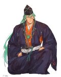  1boy alternate_costume fate/grand_order fate_(series) full_body haori hat heian highres japanese_clothes jewelry kimono layered_clothes layered_kimono long_hair long_sleeves magatama magatama_necklace male_focus necklace on_one_knee orange_kimono ponytail scar scar_on_cheek scar_on_face smile solo tate_eboshi tawara_touta_(fate) thick_eyebrows uatwf681 very_long_hair 