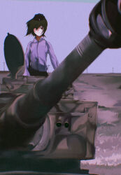  1girl black_hat blue_shirt nishizumi_maho sky tank tiger_tank vehicle 