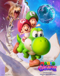  2boys baby baby_luigi baby_mario blue_eyes bone commentary company_name copyright_name determined diaper dinosaur english_commentary full_body hat highres luigi mario movie_poster_(medium) multiple_boys official_art open_mouth realistic running scales sharp_teeth shoes short_hair super_mario_bros. teeth the_super_mario_galaxy_movie tyrannosaurus_rex yellow_eyes yoshi 