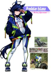  1girl absurdres ahoge alkaid_exec animal_ears arm_up blue_hair blue_streaks bodysuit breasts character_name closed_mouth contrapposto creature_and_personification english_text full_body hair_over_one_eye hand_in_pocket highres hood hoodie horse_ears horse_girl horse_tail long_sleeves medium_hair multicolored_hair original partially_open_hoodie partially_unzipped personification photo_inset predator_istana_(racehorse) print_bodysuit red_eyes shoes small_breasts standing streaked_hair tail umamusume white_background white_hair wolf_cut zipper 