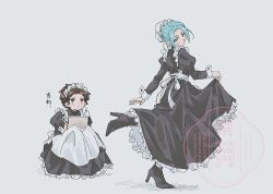  2girls alternate_costume apron aqua_eyes aqua_hair black_boots black_dress blush boots brown_eyes brown_hair closed_mouth commentary_request current_nadeko dress enmaided frills high_heels highres holding holding_notebook juliet_sleeves leg_up long_sleeves looking_at_another maid maid_apron maid_headdress minooo_zz monogatari_(series) multiple_girls nademonogatari notebook ononoki_yotsugi parted_bangs puffy_sleeves sengoku_nadeko short_bangs short_hair simple_background skirt_hold squatting standing standing_on_one_leg translation_request watermark white_apron white_background 