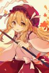 1girl autumn_leaves blonde_hair chuqi1030 commentary_request gohei hat holding holding_gohei hourai_girl_(touhou) japanese_clothes juliet_sleeves kimono long_hair long_sleeves mob_cap portrait_of_exotic_girls puffy_sleeves red_headwear red_skirt skirt smile solo touhou upper_body very_long_hair white_kimono wide_sleeves yellow_eyes 