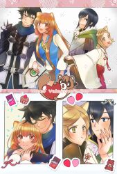  2boys 2girls :d amaki_ren animal_ears armor black_armor black_coat black_hair black_shirt blue_eyes blue_pants blue_scarf blue_vest blush border breastplate breasts brown_gloves brown_hair brown_shirt brown_skirt candy chocolate chocolate_bar cloak closed_eyes closed_mouth coat collar commentary_request commission cosplay costume_switch couple cupcake dog_ears dog_girl dotted_background double-parted_bangs feather-trimmed_coat fingerless_gloves flat_chest food fruit gloves green_cloak green_eyes grey_armor group_costume_switch hair_between_eyes hakama hakama_skirt hand_on_another's_face happy_valentine heart hetero highres holding_another's_arm holding_hands hood hood_down hooded_cloak hooded_vest hoodie iwatani_naofumi japanese_clothes kasakasako kosode layered_shirt light_smile locked_arms long_hair long_sidelocks long_sleeves looking_at_another looking_at_viewer medium_breasts medium_hair messy_hair metal_hair_tubes miko miniskirt multicolored_coat multiple_boys multiple_girls one-armed_hug open_mouth pants parted_bangs pauldrons pink_border pout purple_background raccoon_ears raccoon_girl raphtalia red_eyes red_hakama red_skirt scarf shirt short_hair short_sleeves shoulder_armor sidelocks single_pauldron skeb_commission skirt smile sparkle spiked_pauldrons spikes sticker straight_hair strawberry stuffed_animal stuffed_toy tanuki tate_no_yuusha_no_nariagari teddy_bear two-tone_coat vest white_background white_border white_coat white_kosode white_shirt wide_sleeves wyndia_(tate_no_yuusha_no_nariagari) yellow_background yellow_eyes 