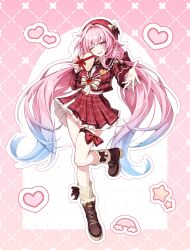  1girl ;) alternate_costume aqua_hair beret box breasts brown_shoes commentary cyrene_(demiurge)_(honkai:_star_rail) cyrene_(honkai:_star_rail) diamond-shaped_pupils diamond_(shape) hat heart heart-shaped_box highres holding holding_heart honkai:_star_rail honkai_(series) leg_warmers long_hair looking_at_viewer medium_breasts one_eye_closed pine_(angel4195202) pink_background pink_hair pointy_ears red_shirt red_skirt shirt shoes skirt smile solo symbol-shaped_pupils very_long_hair violet_eyes white_leg_warmers 