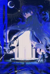  1boy absurdres antenna_hair black_boots black_capelet black_coat black_gloves blue_hair boots bow_(music) capelet cello chain chained closed_mouth coat collared_capelet column commentary constellation crescent_moon crossed_bangs english_commentary flins_(genshin_impact) genshin_impact gloves gradient_hair grey_pants hair_between_eyes highres holding holding_bow_(music) holding_instrument instrument knee_boots lace-up_boots long_hair long_sleeves looking_at_viewer looking_back male_focus moon multicolored_hair multiple_views music on_stool pants pillar playing_instrument profile sitting sleeve_cuffs spriiiiiiing star_(sky) stool watermark yellow_eyes 