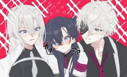  1boy 2girls armband black_shirt blue_eyes blush collared_shirt commentary_request embarrassed grey_eyes grey_hair grey_necktie hair_between_eyes long_hair military_uniform minus_(reverseblue) multiple_girls necktie pout print_eyepatch red_armband red_necktie reverseblue_x_re-birthend shirt short_sleeves striped_clothes striped_necktie three_(reverseblue) zika_power 