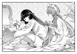  2girls alternate_hairstyle antenna_hair bed bow bow_headband brushing brushing_hair closed_eyes closed_mouth columbina_(genshin_impact) commentary_request crescent crescent_moon genshin_impact greyscale hair_flaps headband headboard inui_shiro kneeling long_hair luonnotar_(genshin_impact) monochrome moon multiple_girls nightgown on_bed open_mouth pillow sandrone_(genshin_impact) shorts sitting sleepover sleepwear smile socks stuffed_animal stuffed_toy sweater teddy_bear very_long_hair 