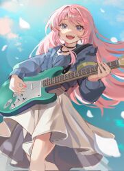  1girl :d bang_dream! bang_dream!_it's_mygo!!!!! black_choker blue_eyes blue_jacket blue_sky chihaya_anon choker clouds corrupted_twitter_file day earrings electric_guitar falling_petals feet_out_of_frame frilled_jacket frills grey_skirt guitar guitar_strap high-low_skirt highres holding holding_plectrum instrument jacket jewelry kimoong3141 leaning_back lens_flare long_hair long_sleeves looking_at_viewer music open_mouth outdoors parted_bangs pendant petals pink_hair playing_guitar playing_instrument plectrum skirt sky smile solo standing teardrop_earrings teardrop_necklace teeth upper_teeth_only white_petals zipper zipper_pull_tab 