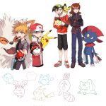  4boys :d arcanine azumarill blue_oak bulbasaur collared_shirt commentary_request crossed_arms ditto ethan_(pokemon) fanny_pack goggles goggles_on_headwear grey_bag hat highres holding holding_poke_ball hoppip jacket male_focus marill momotose_(hzuu_xh4) multiple_boys open_mouth pants partially_colored pichu pikachu poke_ball poke_ball_(basic) pokemon pokemon_(game) pokemon_adventures pokemon_frlg red_(pokemon) red_headwear red_vest sentret shirt shoes short_hair silver_(pokemon) smile spiky_hair togepi vest weavile wristband 