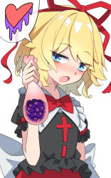  1girl back_bow black_shirt blonde_hair blue_eyes blush bow bowtie collared_shirt commentary_request e.o. frilled_shirt_collar frills hair_ribbon heart highres holding_pouch looking_at_viewer medicine_melancholy medium_hair open_mouth poison pouch puffy_short_sleeves puffy_sleeves red_bow red_bowtie red_ribbon red_skirt ribbon shirt short_sleeves simple_background skirt solo touhou valentine white_background white_bow 