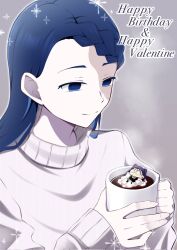  2girls ado_(utaite) blue_eyes blue_hair braid braided_bangs commentary_request cup gira-gira-chan_(ado) gira_gira grey_background happy_birthday happy_valentine highres holding holding_cup hot_chocolate long_hair marshmallow_(site) mini_person mug multiple_girls nori_(norinori_yrl) odo-chan_(ado) odo_(song) purple_hair steam sweater tinted_eyewear white_sweater yellow-tinted_eyewear 
