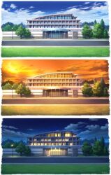  bakuinu blue_sky border building commentary_request day evening forest gate grass highres lamppost nature night no_humans orange_sky original painting_(medium) road scenery school sidewalk sky sliding_doors street sunset traditional_media tree white_border window 