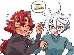  2girls absurdres be_go_ichi blue_sweater cheek_pinching closed_eyes commentary_request flying_sweatdrops food food_on_face grey_eyes gundam gundam_suisei_no_majo highres jewelry long_hair miorine_rembran multiple_girls open_mouth pinching pudding purple_sweater red_hair ring short_hair shouting simple_background squiggle suletta_mercury sweater thick_eyebrows upper_body wedding_ring white_background white_hair wife_and_wife yuri 