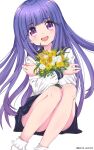  1girl :d absurdres artist_name blunt_bangs blush bouquet commentary_request convenient_leg crossed_arms eyelashes eyes_visible_through_hair feet_out_of_frame floating_hair flower furude_rika happy highres higurashi_no_naku_koro_ni holding holding_bouquet knees_up legs_together long_hair long_sleeves miniskirt mizuno374 open_mouth purple_hair rose shirt simple_background sitting skirt smile solo straight_hair tareme very_long_hair violet_eyes white_background white_flower white_rose white_shirt yellow_flower yellow_rose 