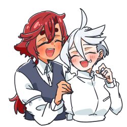  2girls absurdres be_go_ichi black_sweater_vest blush closed_eyes collared_shirt commentary_request gundam gundam_suisei_no_majo hand_on_another's_shoulder highres jewelry long_hair miorine_rembran multiple_girls open_mouth red_hair ring shirt short_hair simple_background smile suletta_mercury sweater_vest thick_eyebrows wedding_ring white_background white_hair white_shirt wife_and_wife yuri 