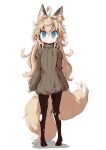  1girl :&gt; ahoge animal_ear_piercing animal_ears black_pantyhose blonde_hair blue_eyes dress fox_ears fox_girl grey_sweater highres kazekiri light_blush long_hair looking_at_viewer messy_hair multiple_tails original pantyhose petite simple_background smile sweater sweater_dress tail torn_clothes torn_pantyhose very_long_hair white_background 