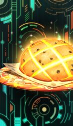  after_time_valentine_2026 black_background bread chocolate_chip commentary_request fate/grand_order fate_(series) food food_focus glowing melon_bread napkin no_humans official_art plate still_life third-party_source xxxxay 