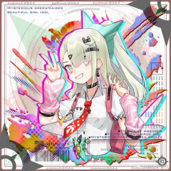  1girl arm_warmers bandaid bandaid_hair_ornament black_choker choker collared_shirt earrings green_eyes green_hair hair_ornament jewelry multicolored_eyes multiple_hair_clips musical_note_earrings necktie pink_arm_warmers ponytail red_necktie shirt smile solo striped_arm_warmers sunna_(zenless_zone_zero) two-tone_eyes upper_body w white_shirt zenless_zone_zero zuomuzi_cheche 