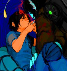  2boys ang1079577 anglerfish_boy black_hair blue_background blue_eyes blue_jumpsuit blue_skin brown_coat cigarette cigarette_kiss claws coat colored_skin dual_persona fins hashtag-only_commentary head_fins highres holding holding_cigarette illicium jumpsuit looking_at_another male_focus merman monster_boy multiple_boys pressure_(roblox) scar scar_on_face scar_on_nose sebastian_solace short_hair sitting sitting_on_lap sitting_on_person smoking 