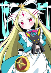  1girl apron aqua_dress blush carrying carrying_person closed_mouth commentary_request dress flat_chest forehead_tattoo hair_ribbon highres juliet_sleeves large_ribbon long_hair long_sleeves looking_at_viewer mahou_shoujo_ni_akogarete morino_korisu nero_alice pink_eyes puffy_sleeves ribbon tattoo venalita very_long_hair wata1mo white_apron white_ribbon 