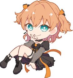  1girl aqua_hair black_choker black_dress black_flower black_hat black_rose black_shoes bright_pupils chibi chibi_only choker closed_mouth dress fishnet_sleeves fishnets flower full_body game_cg hand_to_own_mouth hat hat_flower hinoshita_kaho link!_like!_love_live! long_sleeves love_live! medium_hair mini_hat new_black_(love_live!) non-web_source orange_hair rose sakuma_yoru self-datamine shoes short_dress smile sneakers solo tilted_headwear two_side_up virtual_youtuber white_pupils 