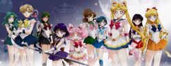  6+girls aino_minako aqua_hair back_bow bishoujo_senshi_sailor_moon bishoujo_senshi_sailor_moon_supers black_choker black_hair black_sailor_collar black_skirt blonde_hair blue_choker blue_eyes blue_hair blue_sailor_collar blue_skirt bow bowtie brooch brown_hair chibi_usa choker circlet commentary_request crescent crescent_earrings earrings gloves green_choker green_eyes green_hair green_sailor_collar green_skirt hair_bow heart heart_brooch heart_choker heroes'_gallery highres hino_rei inner_senshi jewelry kaiou_michiru kino_makoto lips looking_at_viewer meiou_setsuna mizuno_ami multicolored_skirt multiple_girls orange_choker orange_sailor_collar orange_skirt outer_senshi parted_bangs parted_hair pink_bow pink_eyes pink_hair pink_sailor_collar purple_hair purple_sailor_collar purple_skirt red_choker red_eyes red_sailor_collar red_skirt sailor_chibi_moon sailor_collar sailor_jupiter sailor_mars sailor_mercury sailor_moon sailor_neptune sailor_pluto sailor_saturn sailor_senshi_uniform sailor_uranus sailor_venus sarashina_kau serious shirt skirt smile star_(symbol) star_choker star_earrings stud_earrings super_sailor_chibi_moon super_sailor_jupiter super_sailor_mars super_sailor_mercury super_sailor_moon super_sailor_neptune super_sailor_pluto super_sailor_saturn super_sailor_uranus super_sailor_venus swept_bangs tan ten'ou_haruka tomoe_hotaru tsukino_usagi violet_eyes white_gloves white_shirt yellow_choker 