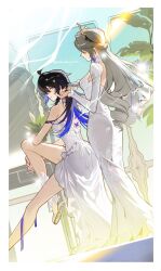  2girls alternate_costume black_hair blue_eyes blue_hair border bronya_rand brushing_another's_hair brushing_hair closed_eyes commentary detached_sleeves dress drill_hair earrings english_commentary grey_hair hair_brush half_updo high_heels highres holding holding_hair_brush honkai:_star_rail honkai_(series) jewelry long_hair long_sleeves mie_xing multiple_girls seele_(honkai:_star_rail) sitting strapless strapless_dress twitter_username wedding_dress white_border white_dress 