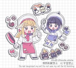  1boy 1girl :d :o alternate_color alternate_costume apron artist_name blonde_hair blush_stickers brother_and_sister candy chandelure chocolate commentary falinks food frying_pan gloves grid_background gwynn_(pokemon) hat heart heart-shaped_chocolate heart-shaped_food highres holding holding_frying_pan holding_whisk ivor_(pokemon) long_hair long_sleeves mole mole_under_mouth open_mouth pants pokemon pokemon_legends:_z-a purple_apron purple_hair red_apron red_eyes remoooon shiny_pokemon shirt short_hair siblings smile twitter_username untranslatable_commentary violet_eyes whisk white_gloves white_hat white_pants white_shirt 