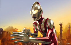  1boy alien artist_name collarbone colored_skin commentary compound_eyes dias_(tajima_kouki) dorsal_fin dust_cloud explosion fighting_stance giant giant_male glowing glowing_eyes gradient_eyes gradient_sky hands_up hunched_over looking_ahead male_focus multicolored_eyes multicolored_skin no_pupils outdoors red_skin shin_ultraman silver_skin sky solo standing sunset tokusatsu toned toned_male two-tone_skin ultra_series ultraman ultraman_(shin) upper_body white_eyes yellow_eyes 